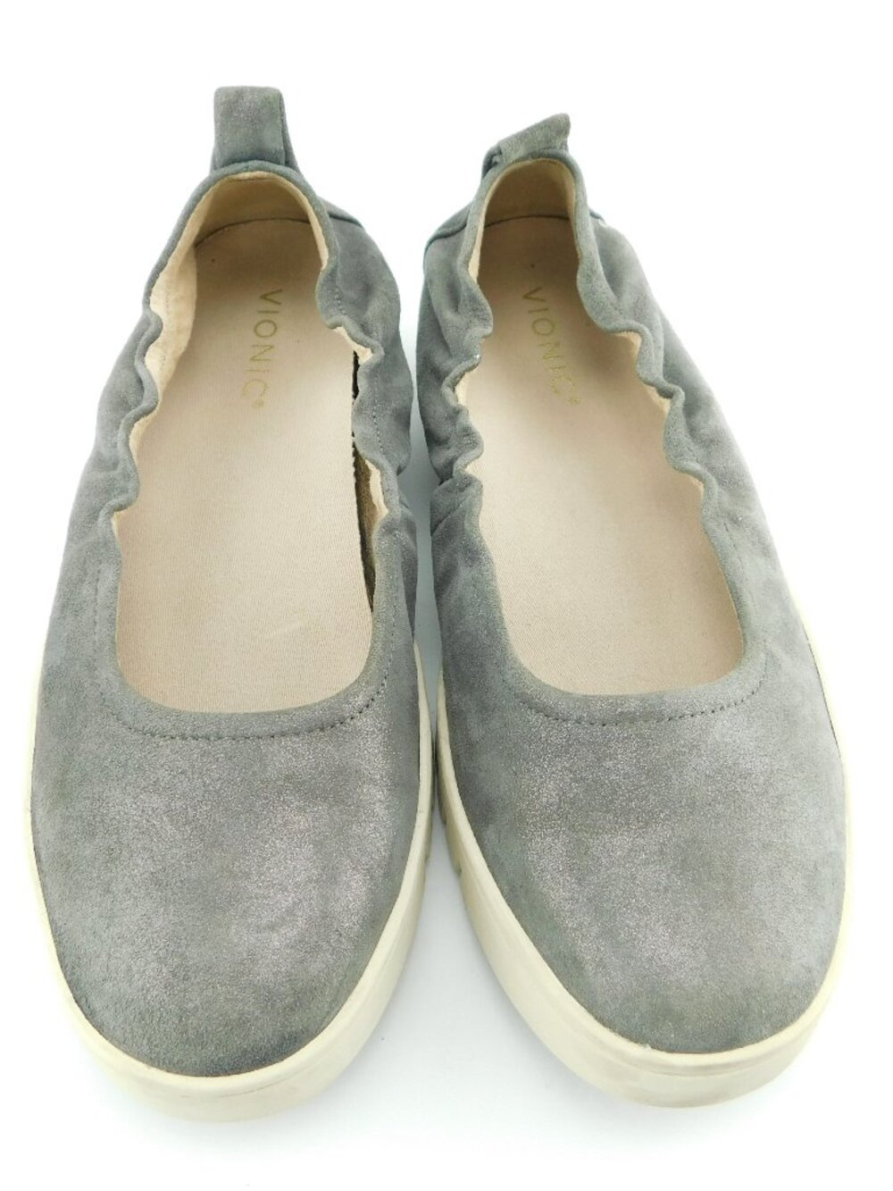VIONIC Shimmer Pewter Leather Ballet Slip On Sneaker Shoes Flats 8.5 Wide